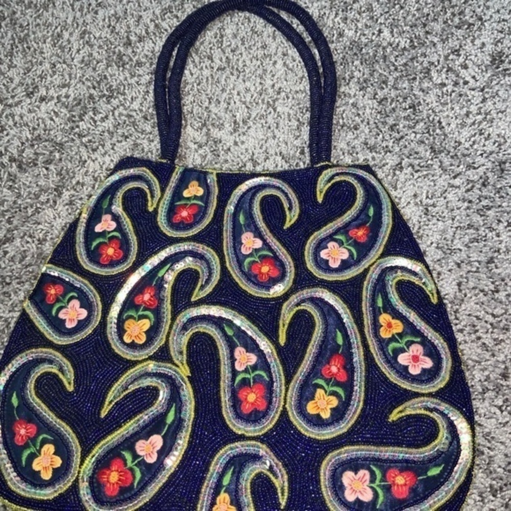 Unique/Rare Vintage Navy Beaded/Sequin/Embroidered Floral Paisley Shoulder Bag - Picture 6 of 14